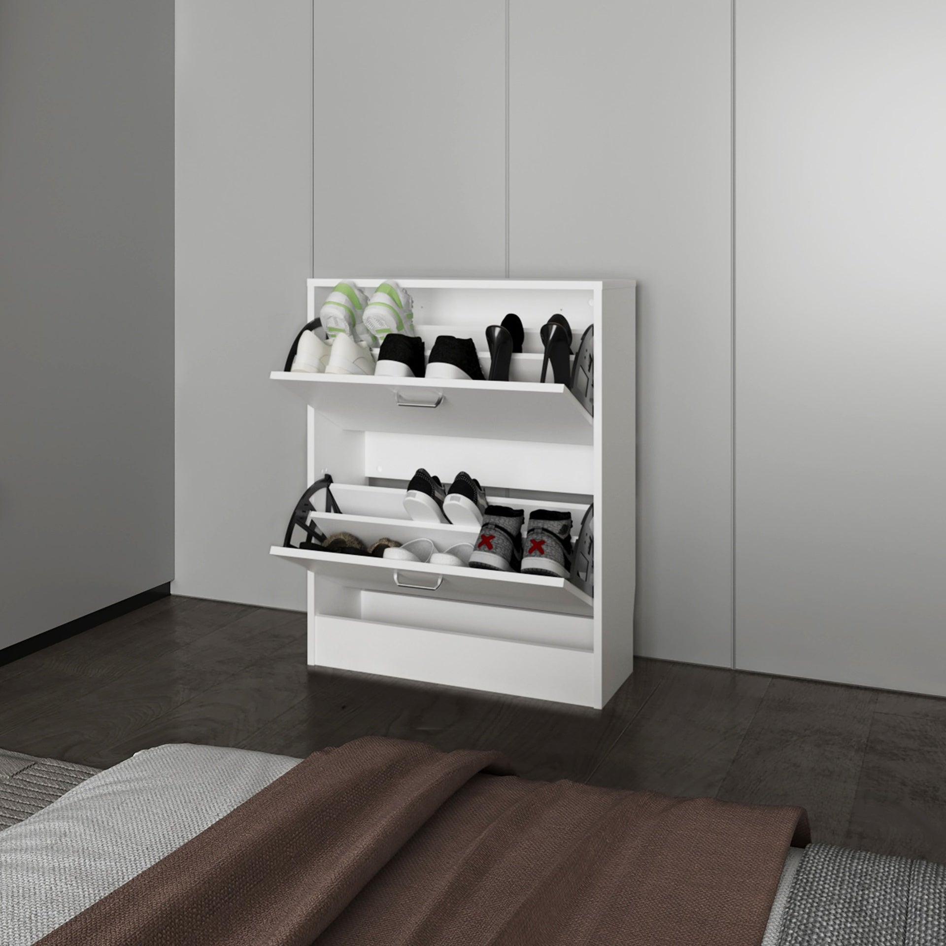Ozzy Shoe Cabinet, 2 Tilt-Out Doors, Slim Design, Internal Supports, Modern Style, White