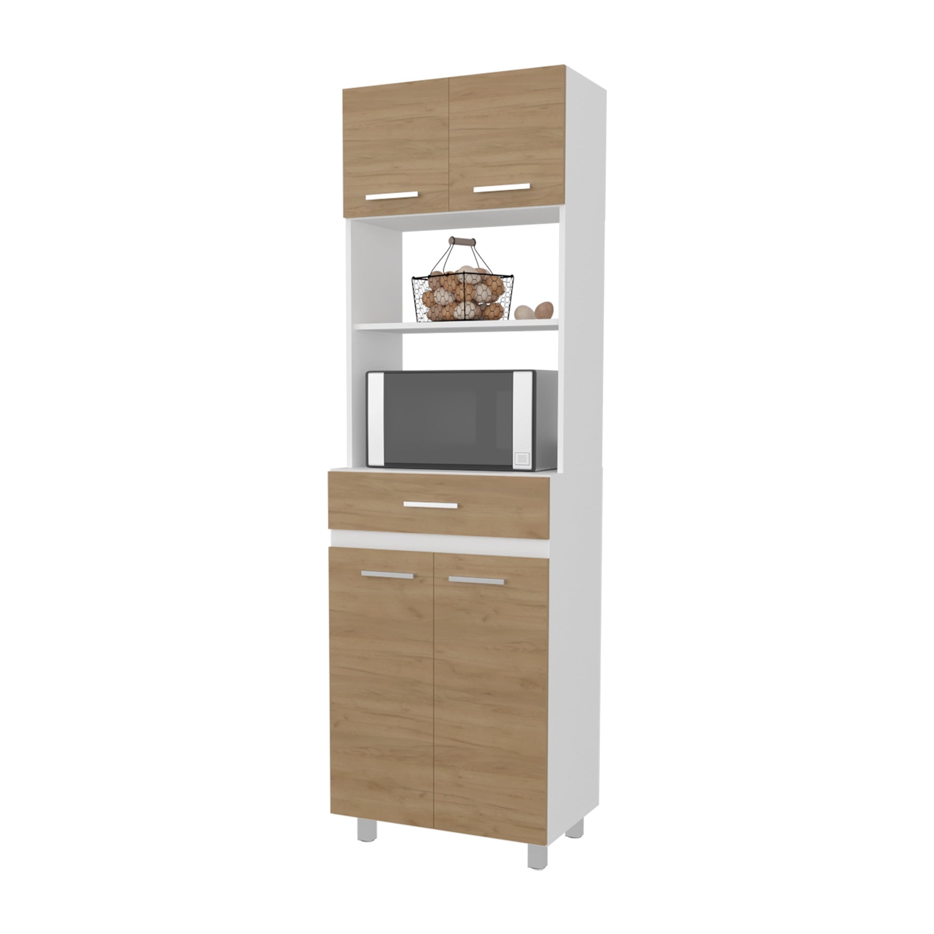 Tall Kitchen Storage Cabinet with Doors, Drawer and Open Microwave Shelf