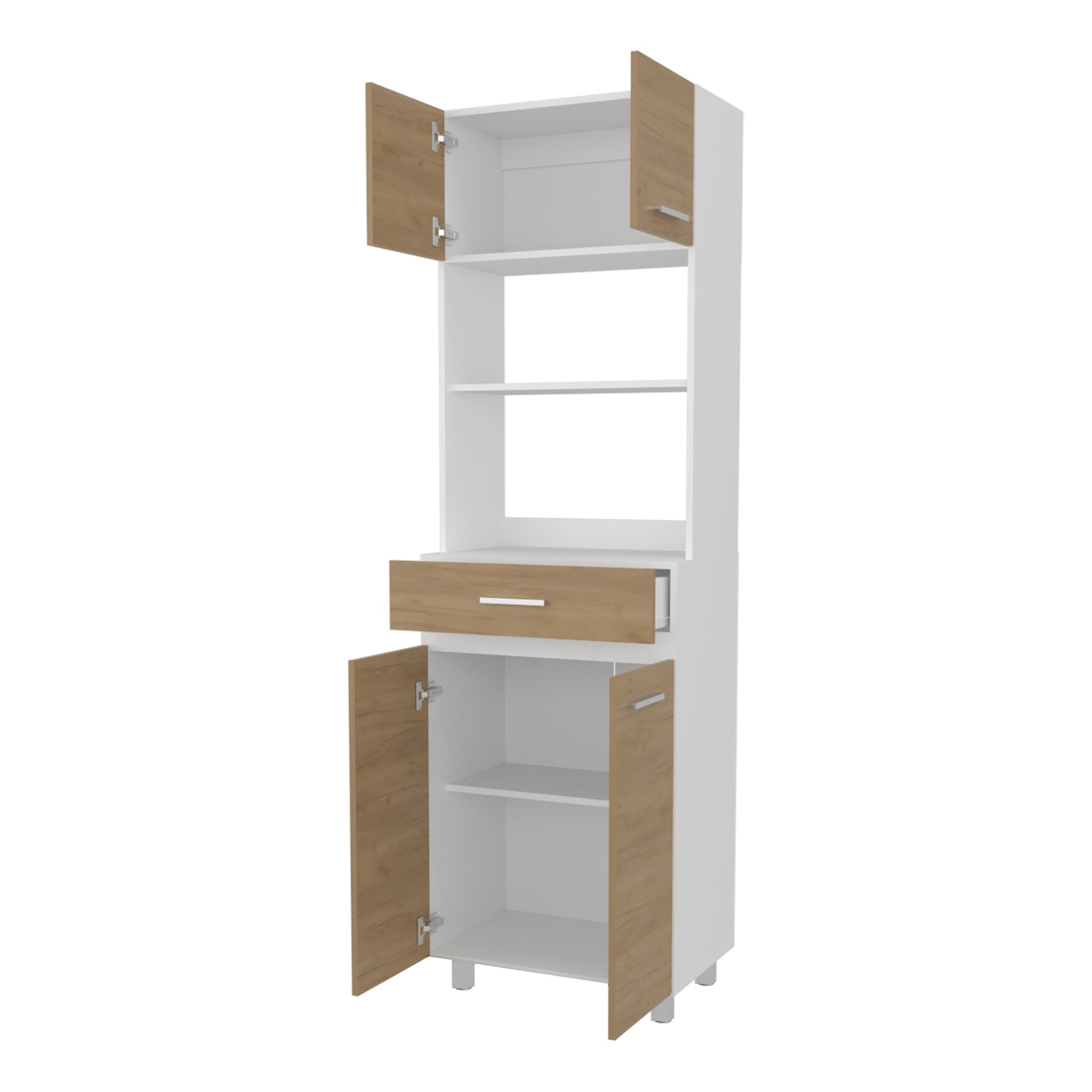 Tall Kitchen Storage Cabinet with Doors, Drawer and Open Microwave Shelf