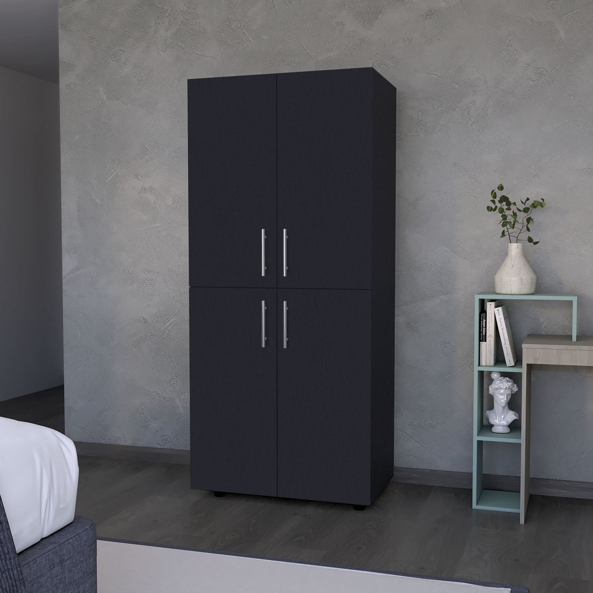 Hazel Armoire in melamine with 2 doors , 4 shelves and 2 clothes hanging bar