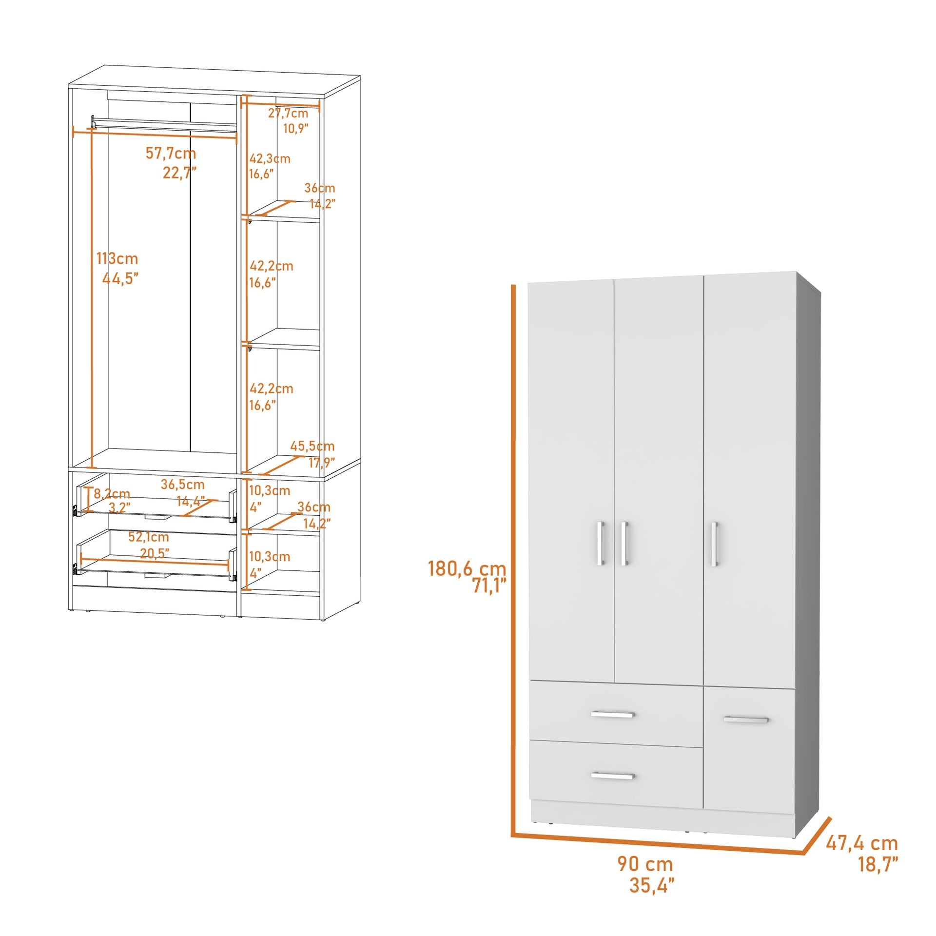 Douglas Armoire in melamine, two drawers, hanging rod and 4 doors.