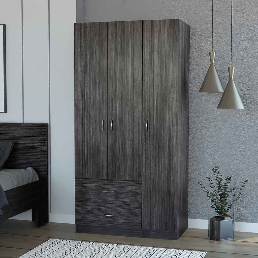 Eureka Three Door Armoire, Two Drawers, Rod Smoke Oak