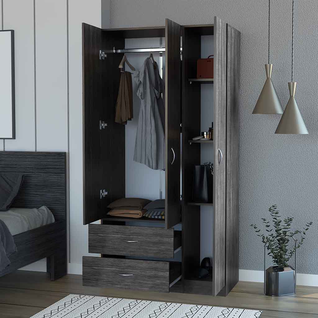 Eureka Three Door Armoire, Two Drawers, Rod Smoke Oak