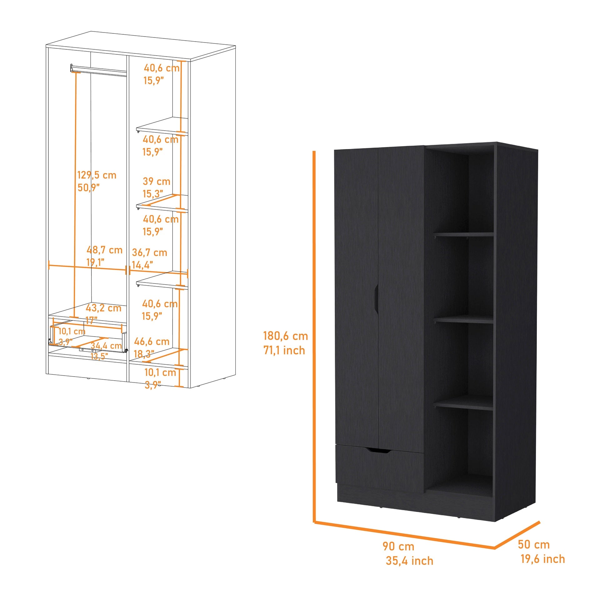 Redmond Armoire with Single Drawer, 4 Storage Shelves and Hanging Rod