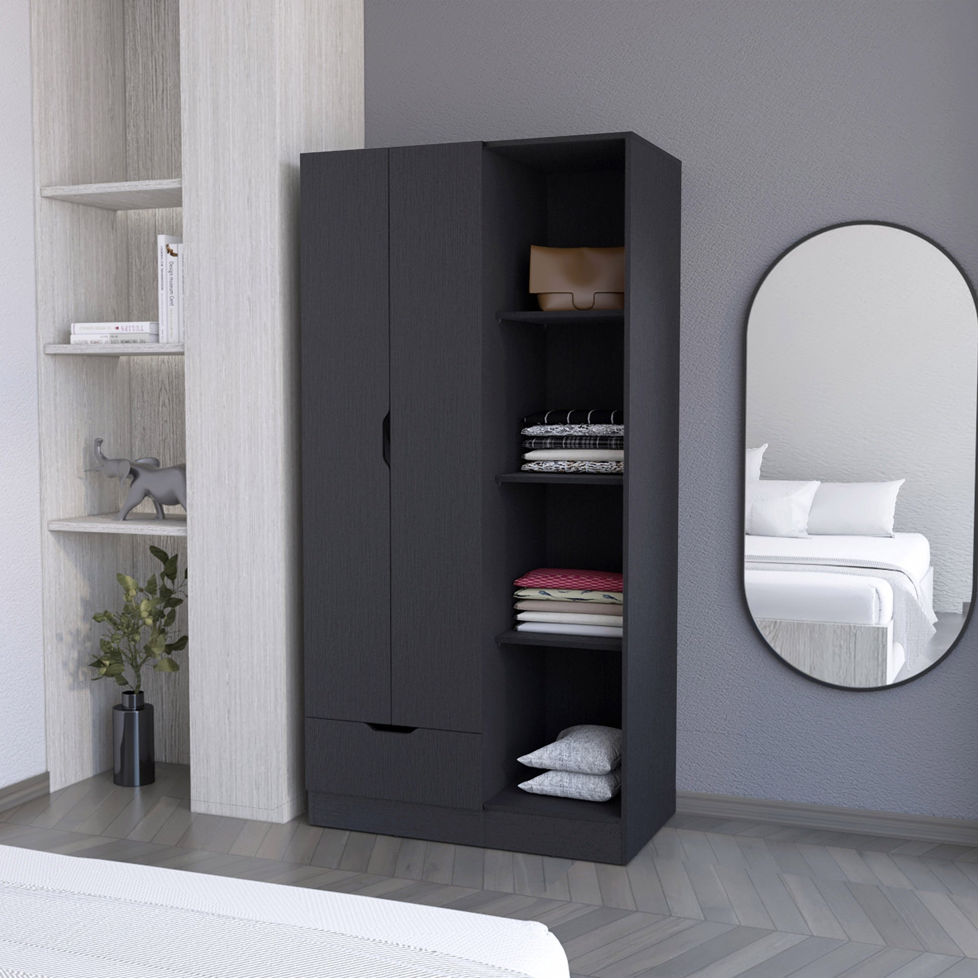 Redmond Armoire with Single Drawer, 4 Storage Shelves and Hanging Rod