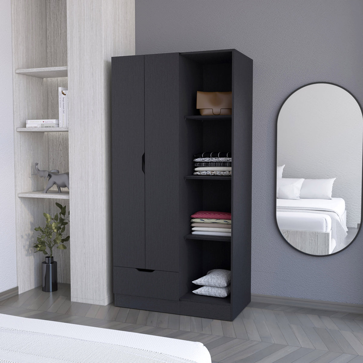 Redmond Armoire with Single Drawer, 4 Storage Shelves and Hanging Rod