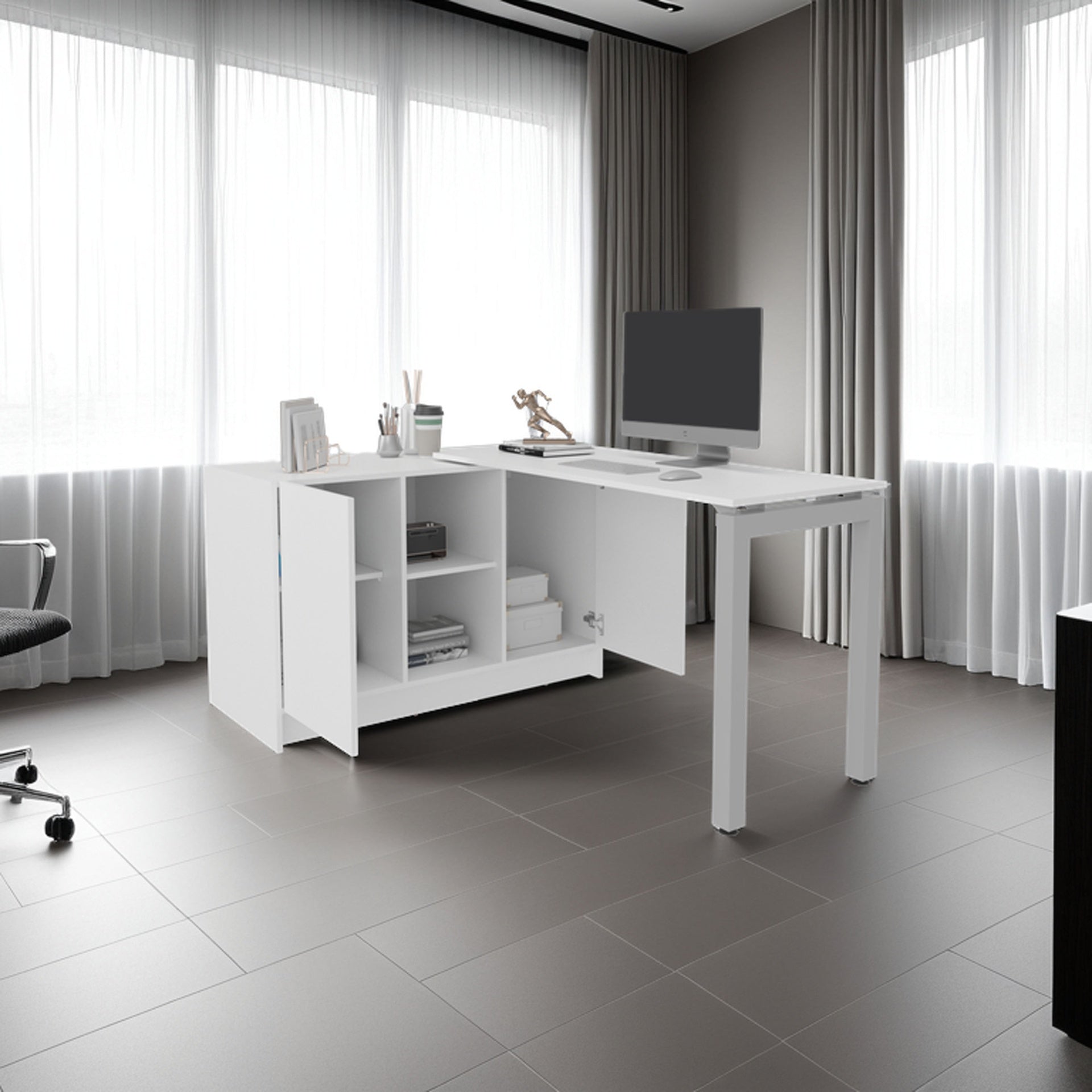 Elfrida Desk, Two Open Storage Shelves, Contemporary Space-Saving Design for Home Office or Study Area, White