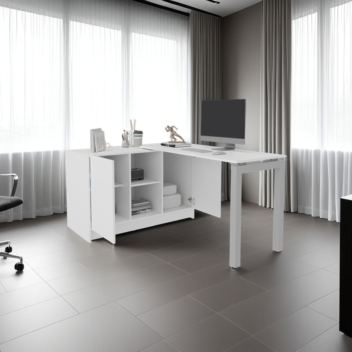Elfrida Desk, Two Open Storage Shelves, Contemporary Space-Saving Design for Home Office or Study Area, White
