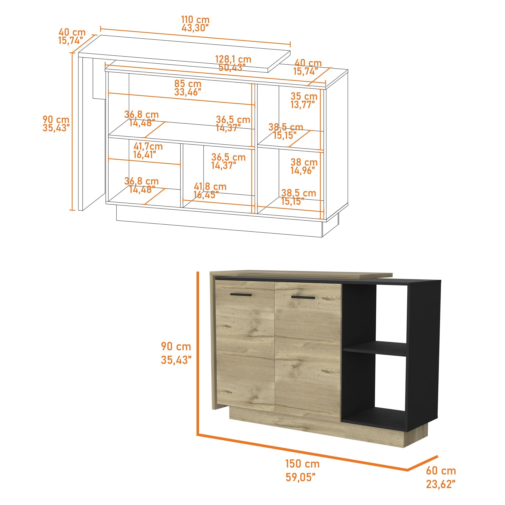 Aspen Kitchen Island, Two Concealed Shelves , Three Divisions