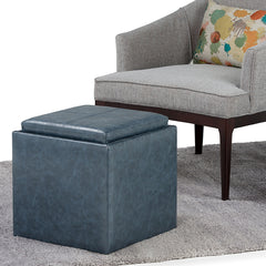 Rockwood 17 inch Wide Cube Storage Ottoman with Tray in Denim Blue Vegan Leather