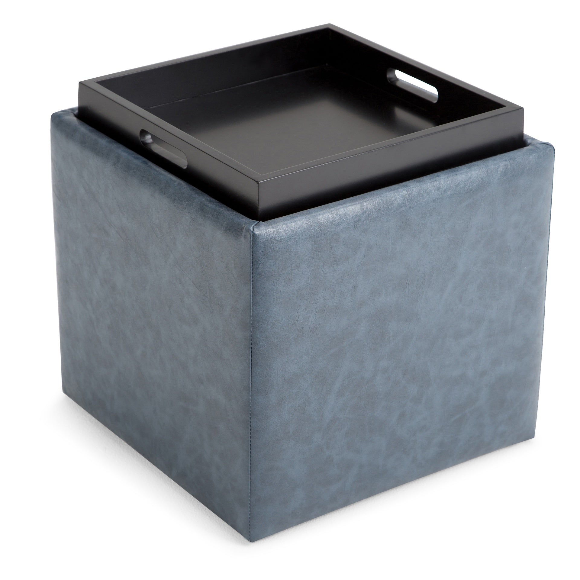 Rockwood 17 inch Wide Cube Storage Ottoman with Tray in Denim Blue Vegan Leather