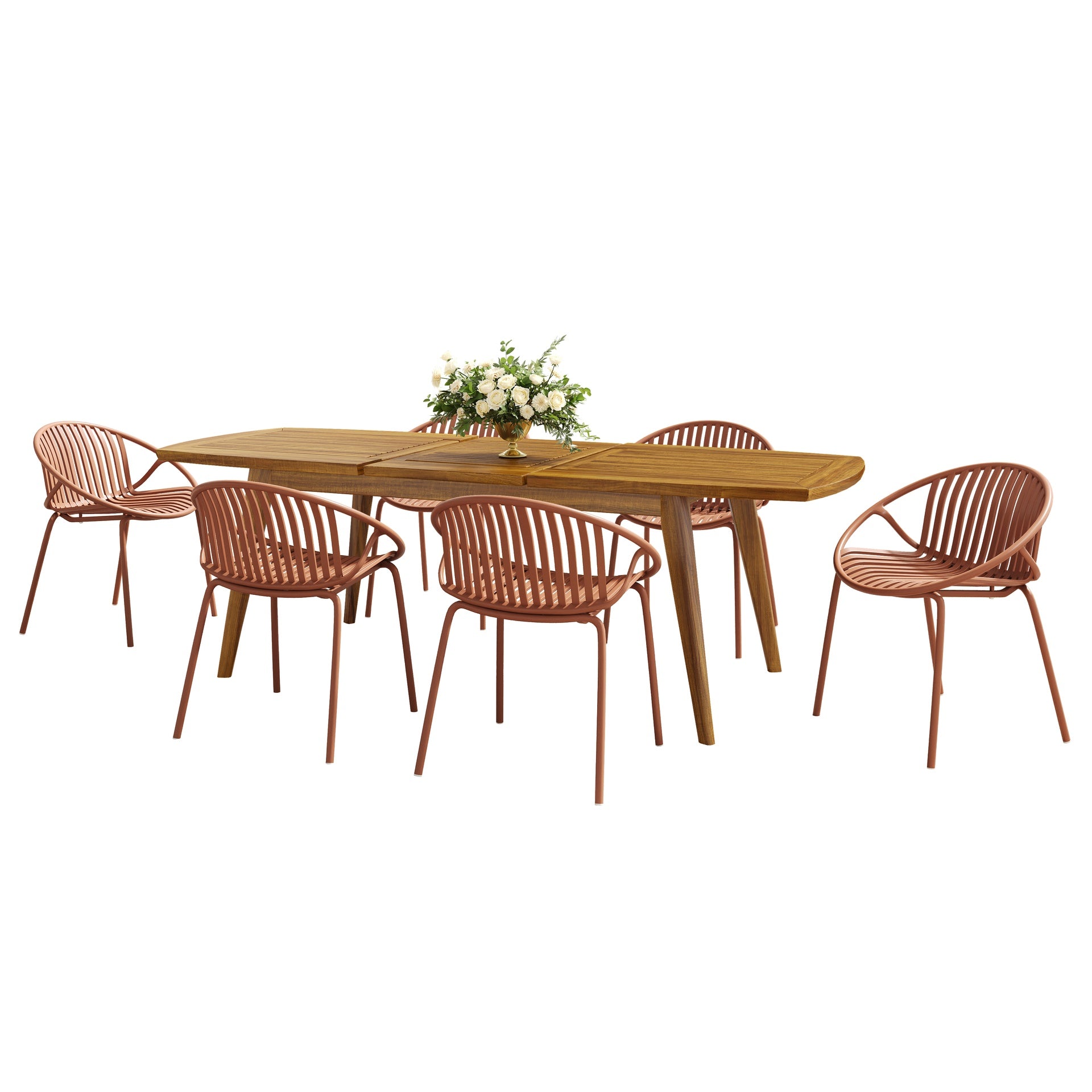 7 Pieces Outdoor Modern Expandable Dining Set with Stackable Chair,Orange+Teak