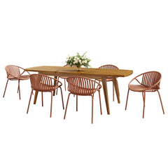 7 Pieces Outdoor Modern Expandable Dining Set with Stackable Chair,Orange+Teak