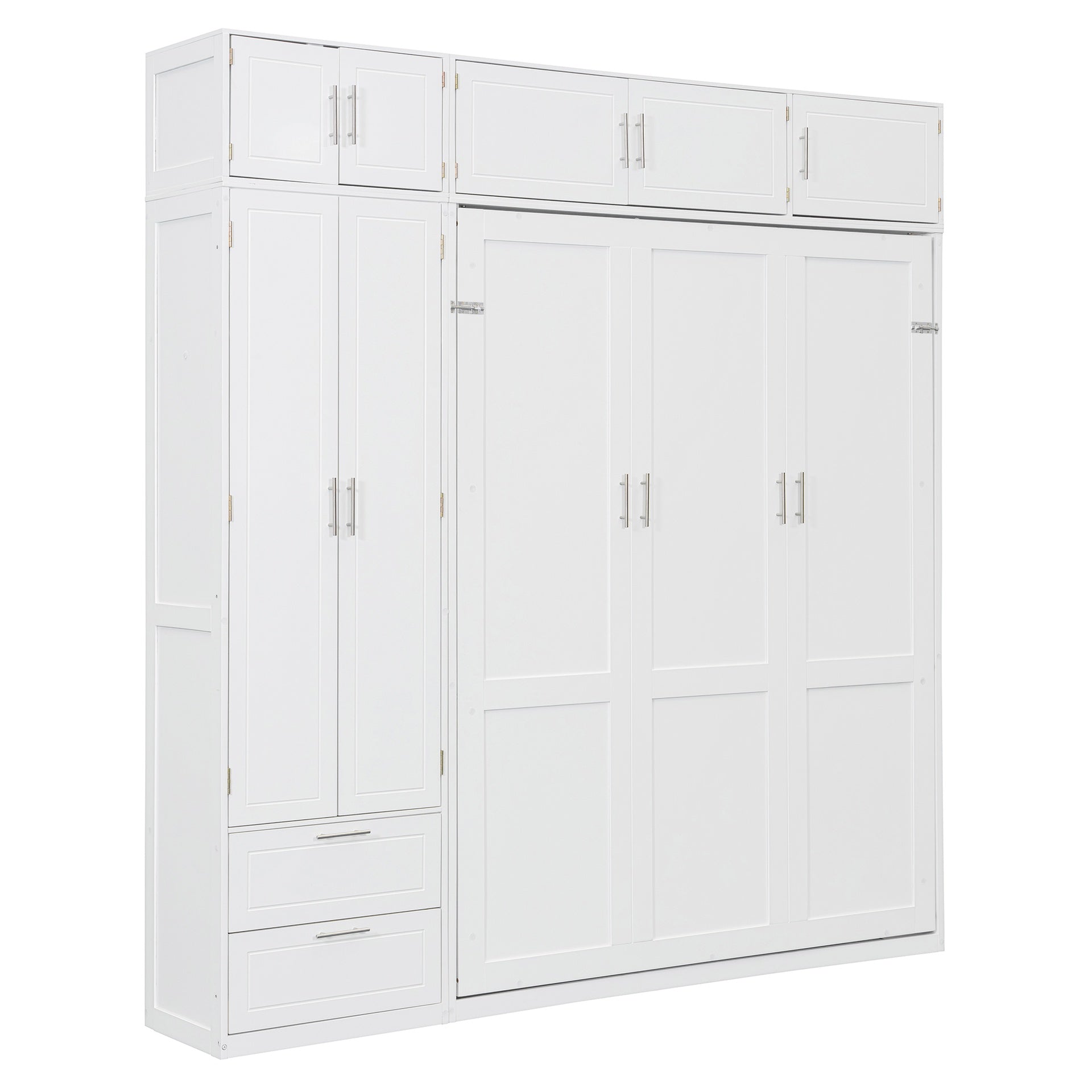 Queen Size Wall Murphy Bed with Top Cabinet,Shelves  and  Wardrobe, Space Saving Foldable Bed,White