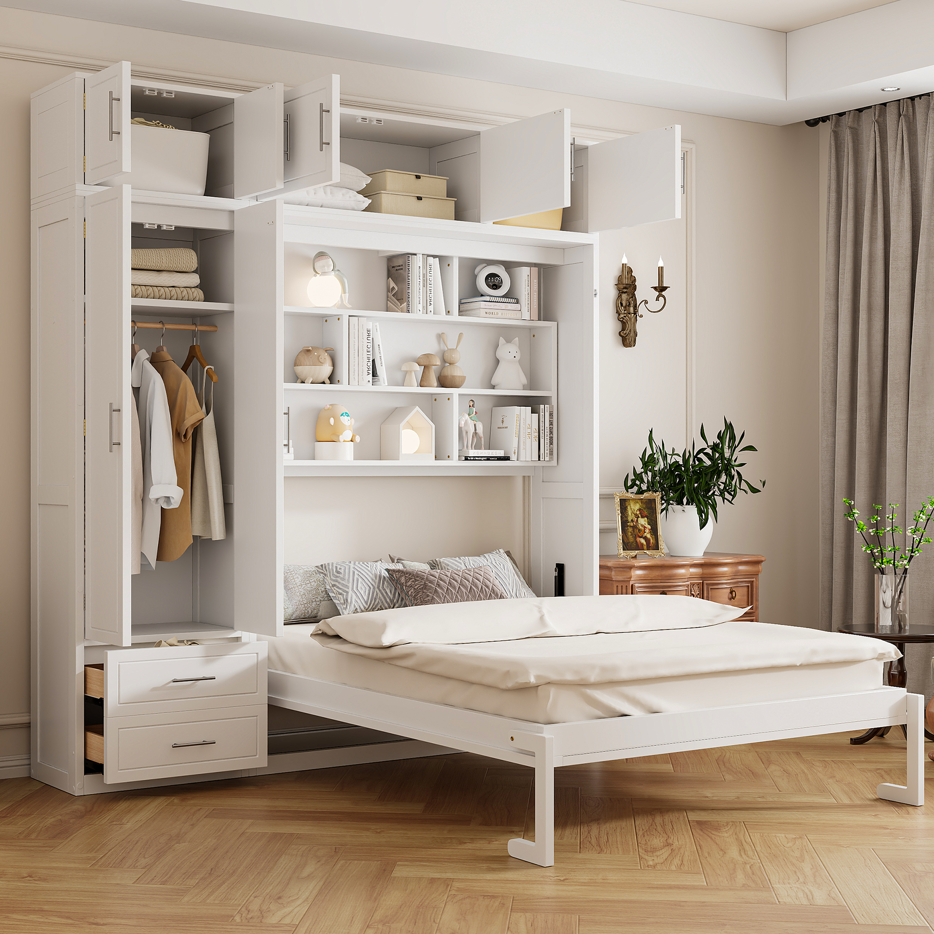 Queen Size Wall Murphy Bed with Top Cabinet,Shelves  and  Wardrobe, Space Saving Foldable Bed,White