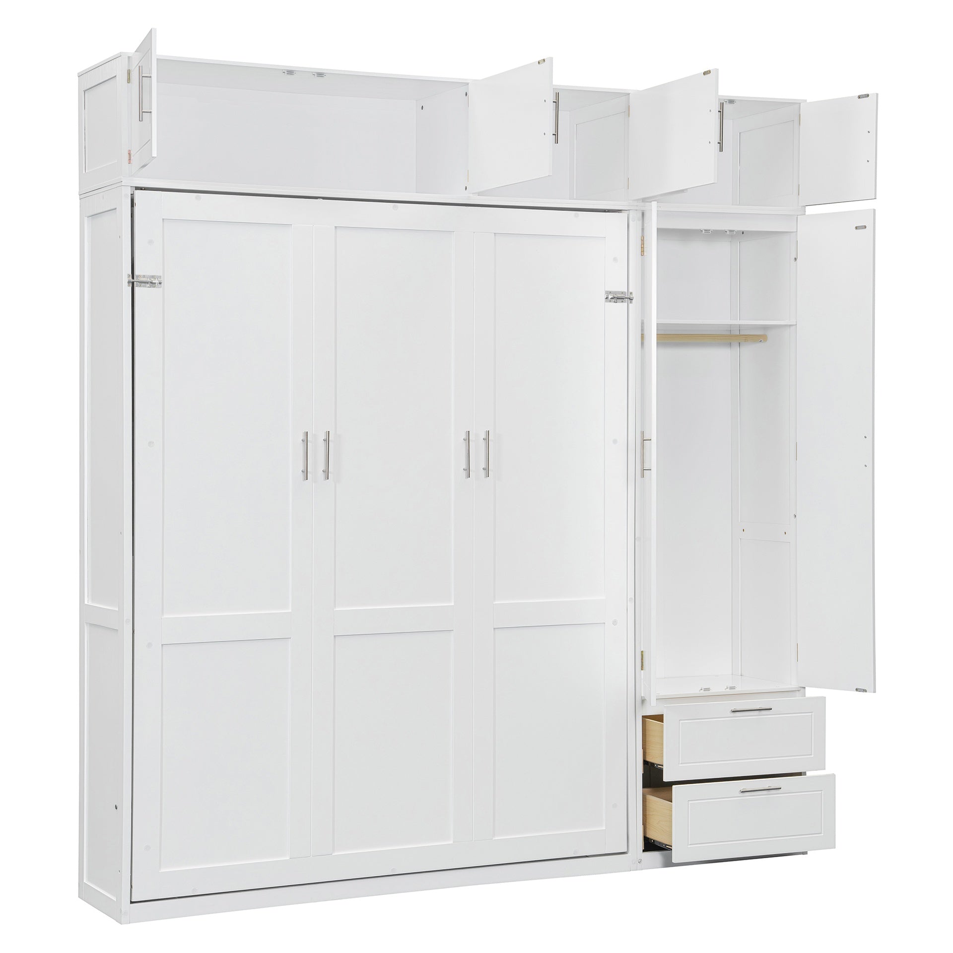Queen Size Wall Murphy Bed with Top Cabinet,Shelves  and  Wardrobe, Space Saving Foldable Bed,White