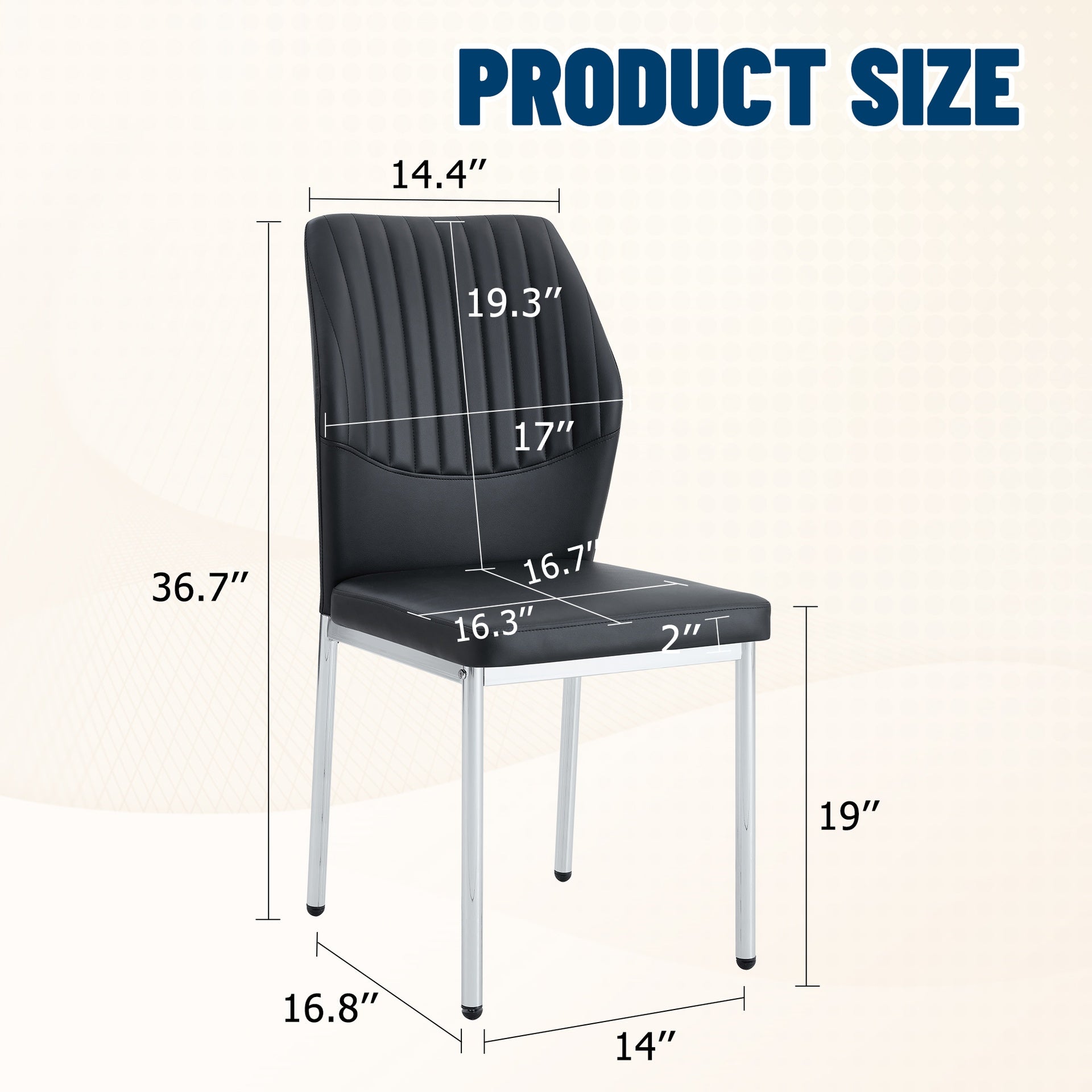 4-piece set of black silver light luxury PU dining chairs: ergonomic backrest, 36.7 inches high, suitable for multiple scenarios.Set of 4 BLACK PU Material High Resilience Dining Chairs.