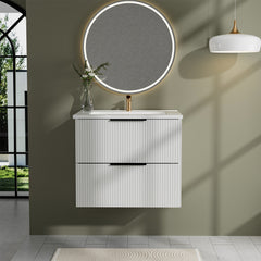 24 Inch Bathroom Vanity Cabinet With Ceramic Sink - White Wall Mounted Floating Fluted Vanity With Drawers, Modern