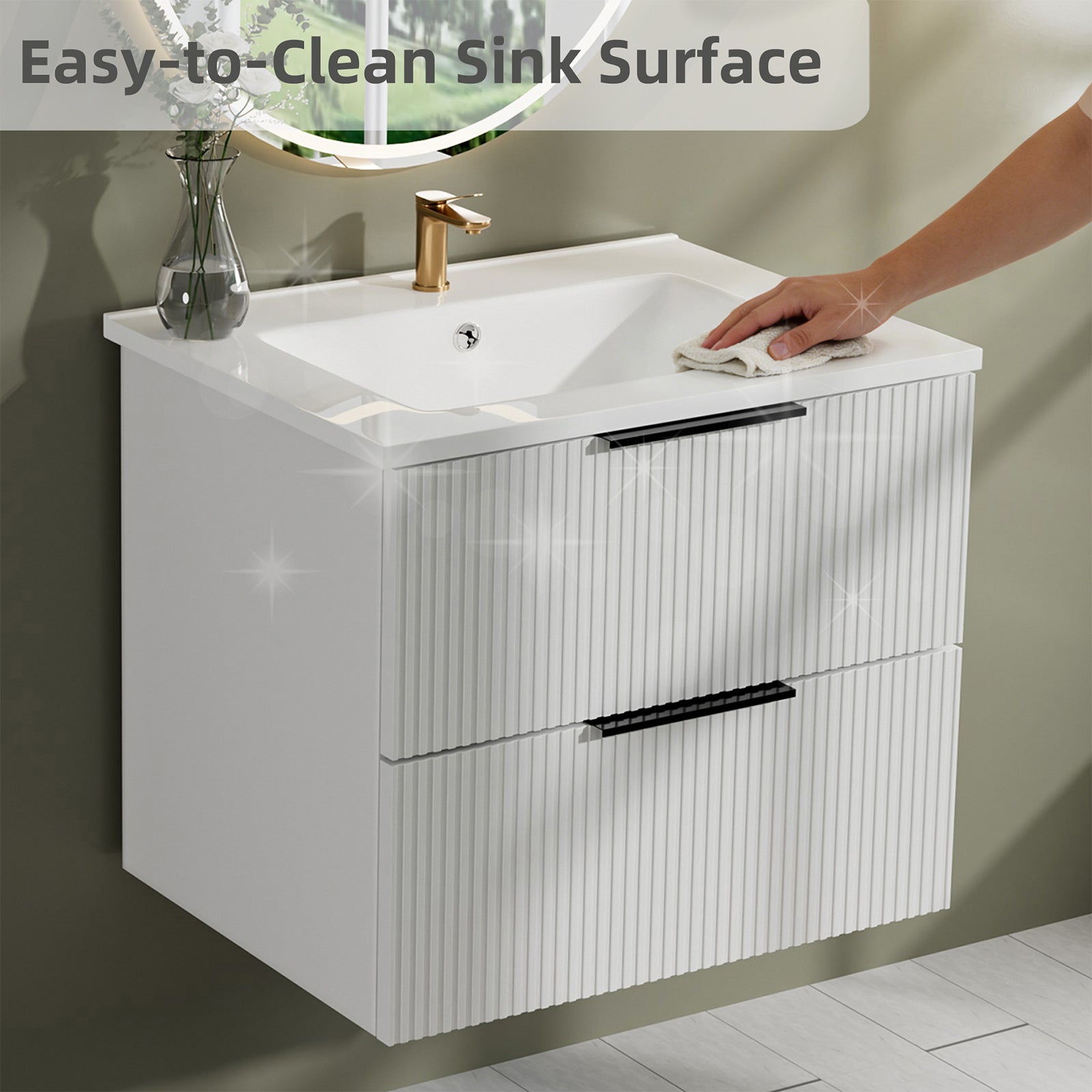 24 Inch Bathroom Vanity Cabinet With Ceramic Sink - White Wall Mounted Floating Fluted Vanity With Drawers, Modern