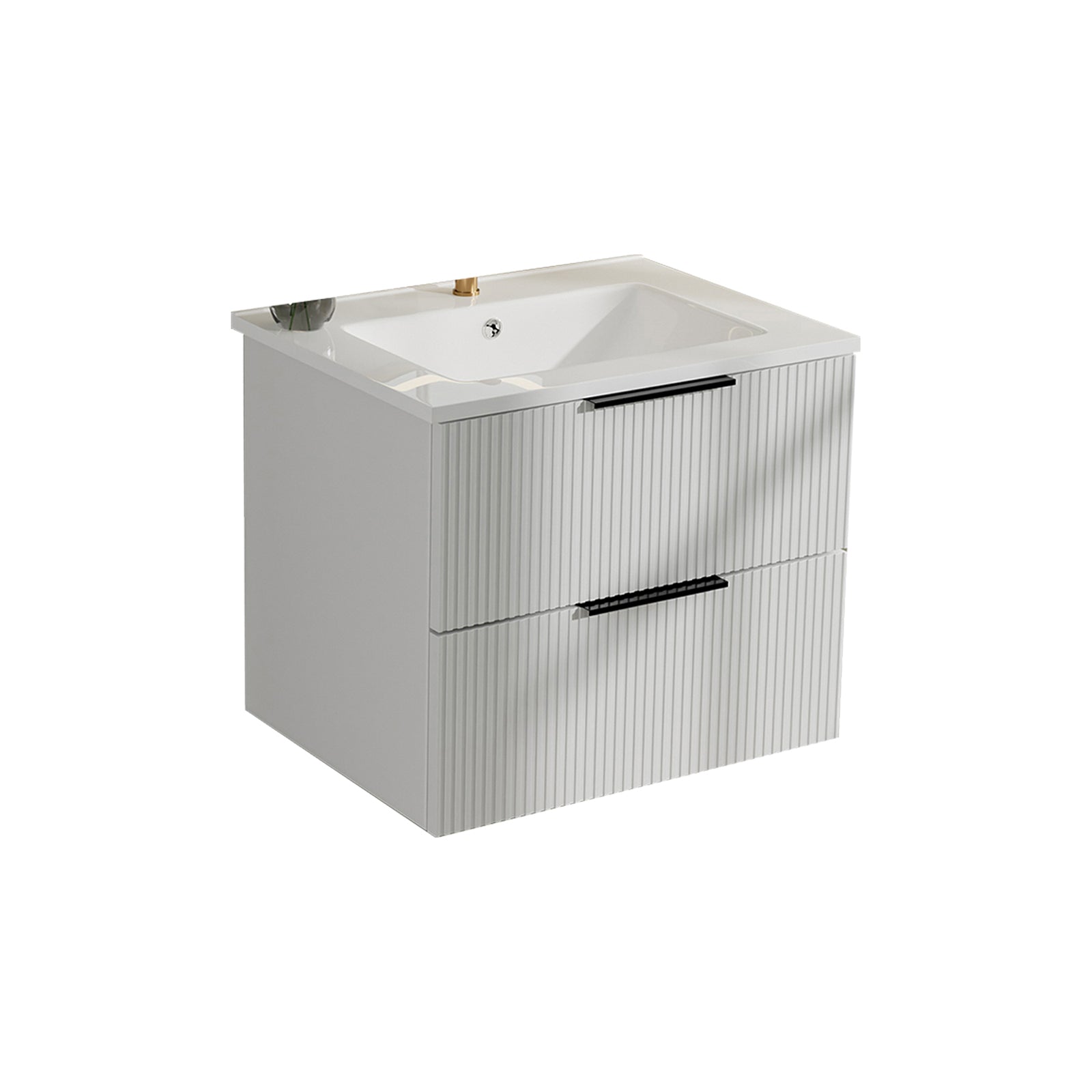 24 Inch Bathroom Vanity Cabinet With Ceramic Sink - White Wall Mounted Floating Fluted Vanity With Drawers, Modern