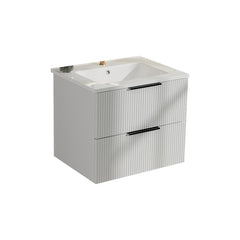 24 Inch Bathroom Vanity Cabinet With Ceramic Sink - White Wall Mounted Floating Fluted Vanity With Drawers, Modern