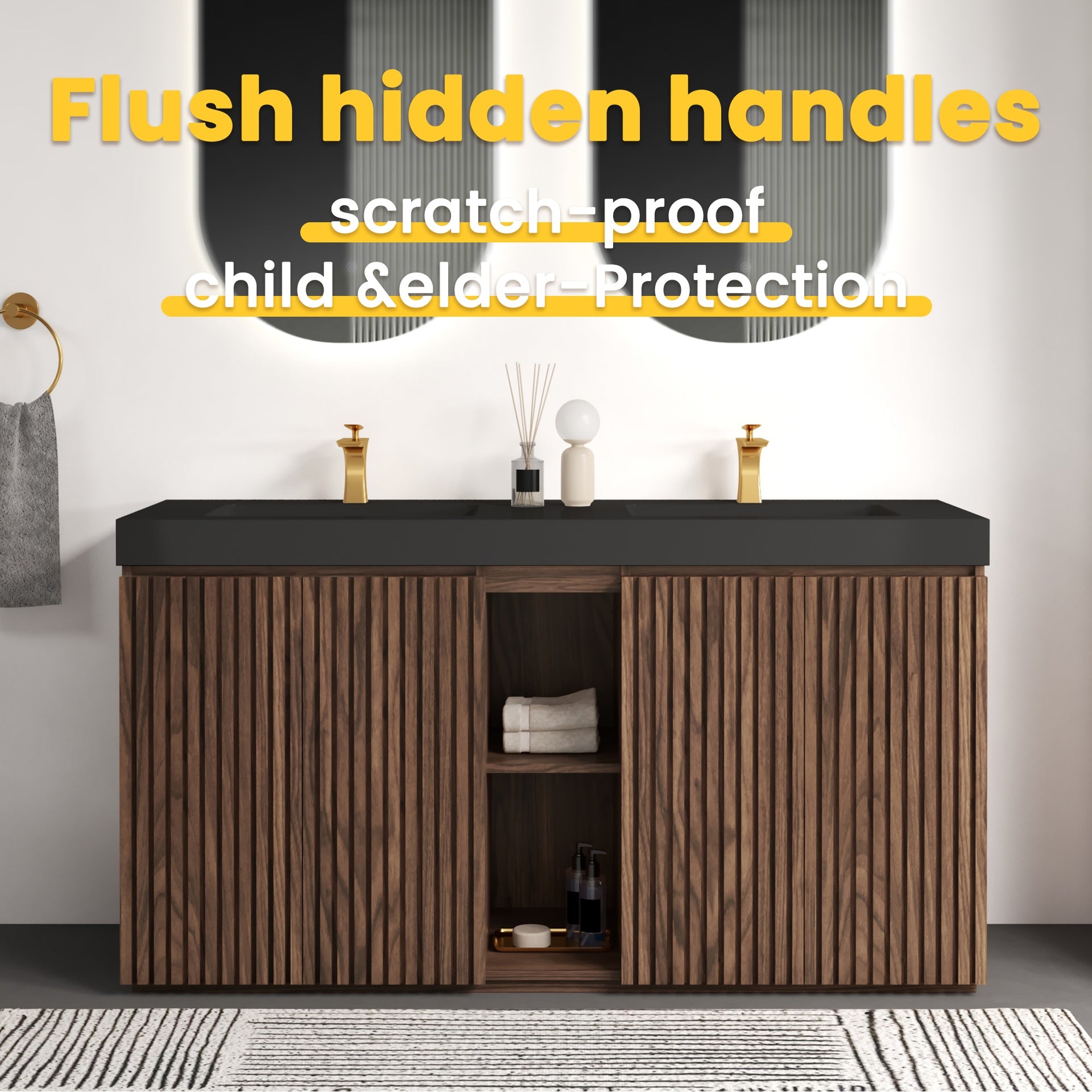 GALAN 60F" Winston Walnut Bathroom Vanity with Sink, Large Storage Freestanding Bathroom Vanity for Modern Bathroom, One-Piece Black Quartz Double Sink Basin without Drain and Faucet, KD