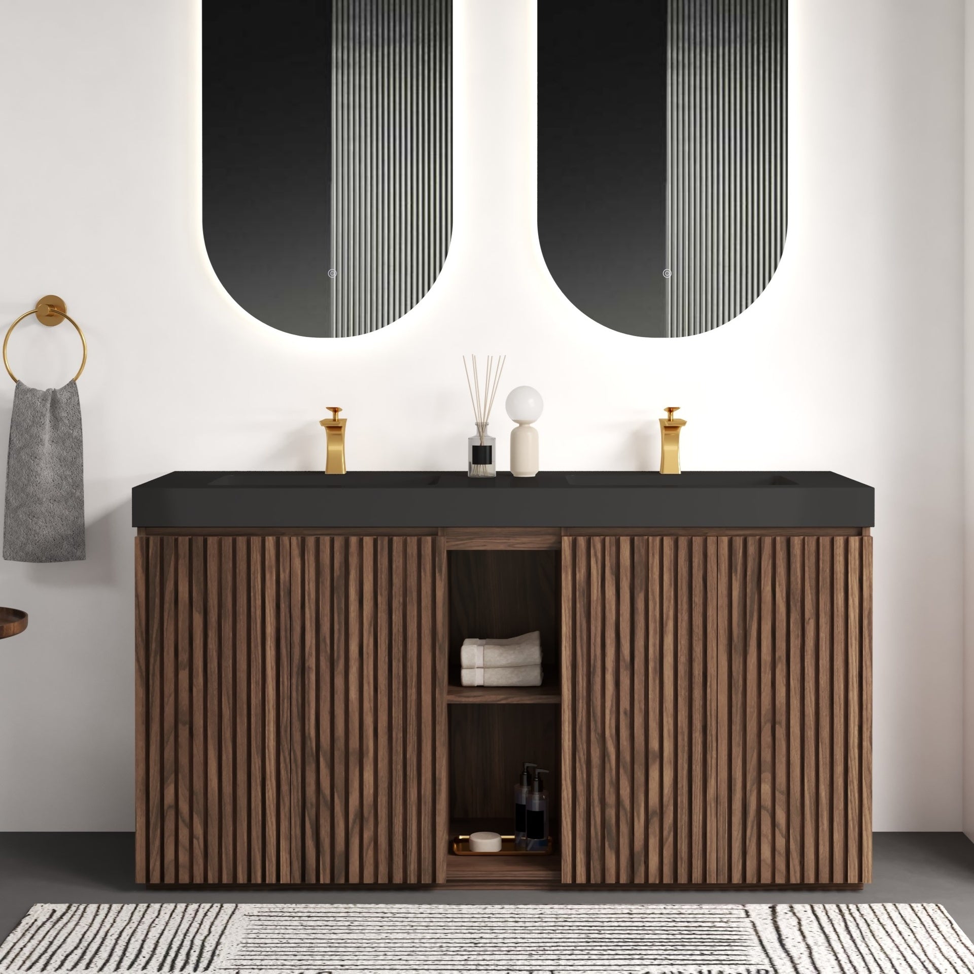 GALAN 60F" Winston Walnut Bathroom Vanity with Sink, Large Storage Freestanding Bathroom Vanity for Modern Bathroom, One-Piece Black Quartz Double Sink Basin without Drain and Faucet, KD