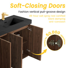 GALAN 60F" Winston Walnut Bathroom Vanity with Sink, Large Storage Freestanding Bathroom Vanity for Modern Bathroom, One-Piece Black Quartz Double Sink Basin without Drain and Faucet, KD
