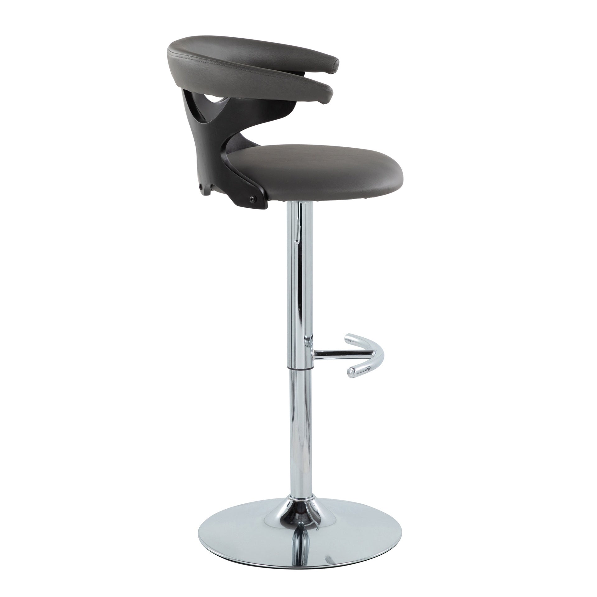 Gardenia Contemporary Adjustable Barstool with Swivel in Black Wood, Chrome Metal and Grey Faux Leather with Rounded T Footrest by LumiSource - Set of 2