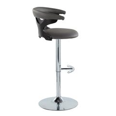 Gardenia Contemporary Adjustable Barstool with Swivel in Black Wood, Chrome Metal and Grey Faux Leather with Rounded T Footrest by LumiSource - Set of 2