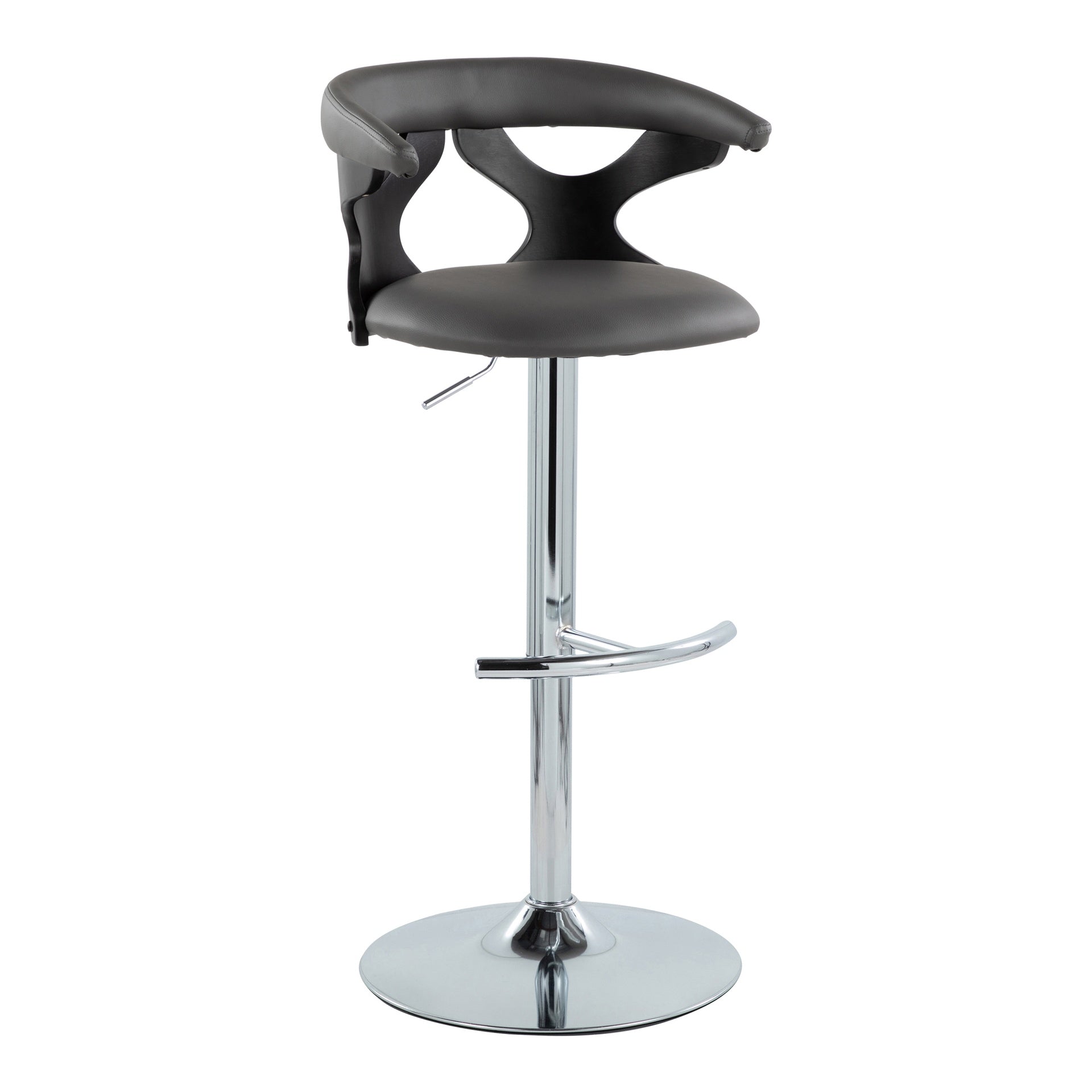 Gardenia Contemporary Adjustable Barstool with Swivel in Black Wood, Chrome Metal and Grey Faux Leather with Rounded T Footrest by LumiSource - Set of 2
