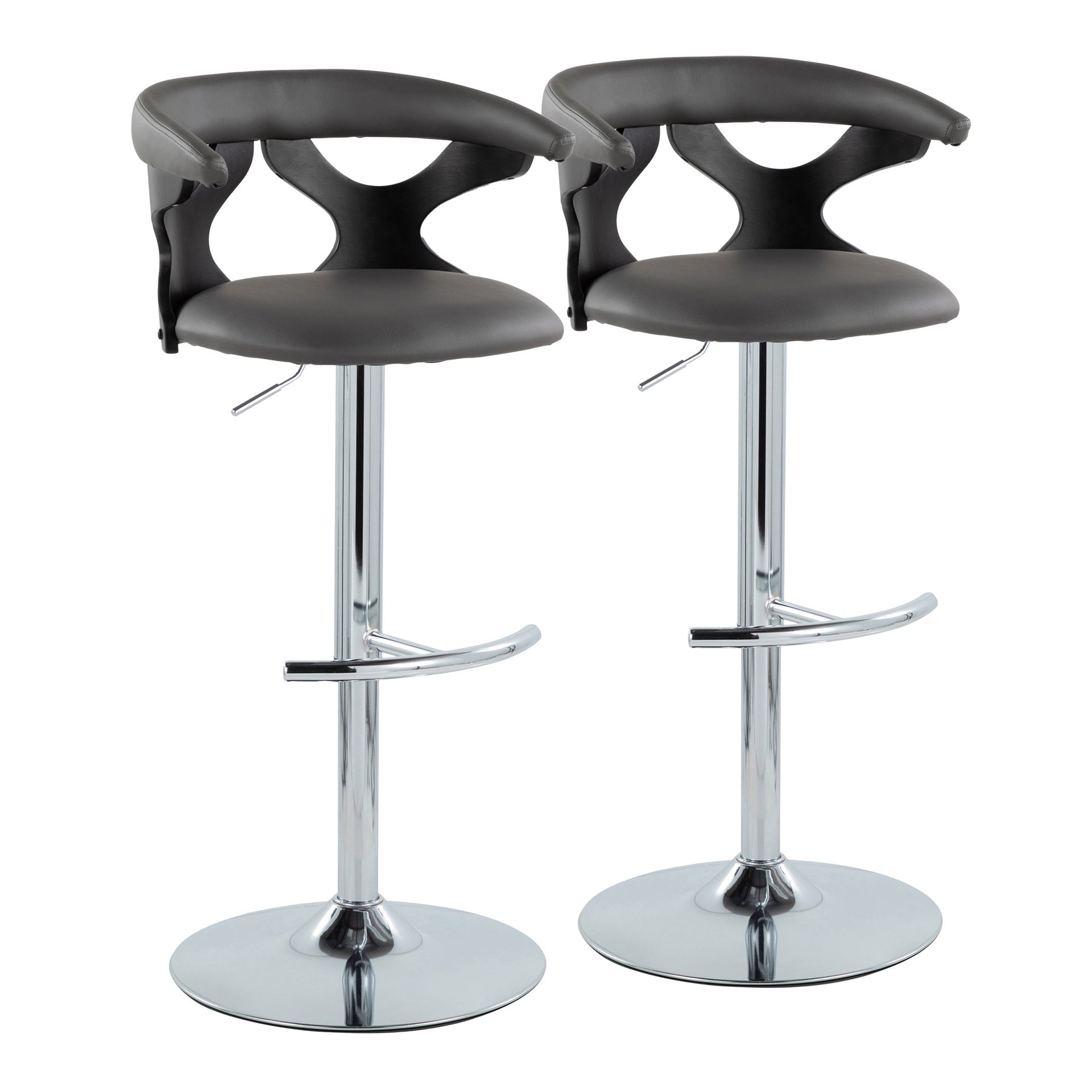 Gardenia Contemporary Adjustable Barstool with Swivel in Black Wood, Chrome Metal and Grey Faux Leather with Rounded T Footrest by LumiSource - Set of 2