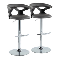 Gardenia Contemporary Adjustable Barstool with Swivel in Black Wood, Chrome Metal and Grey Faux Leather with Rounded T Footrest by LumiSource - Set of 2