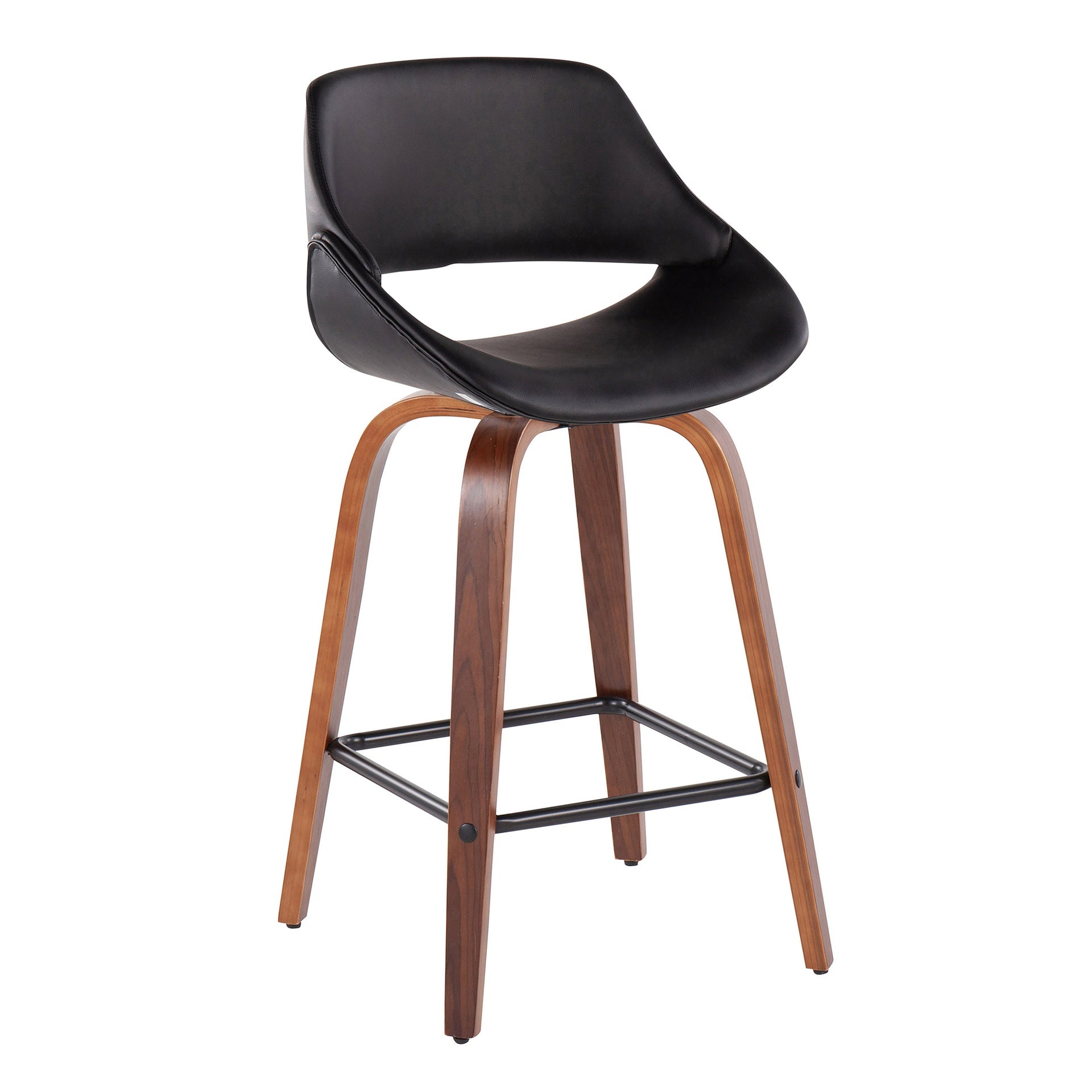 Fabrico Mid-Century Modern Fixed-Height Counter Stool in Walnut Wood with Square Black Footrest and Black Faux Leather by LumiSource - Set of 2