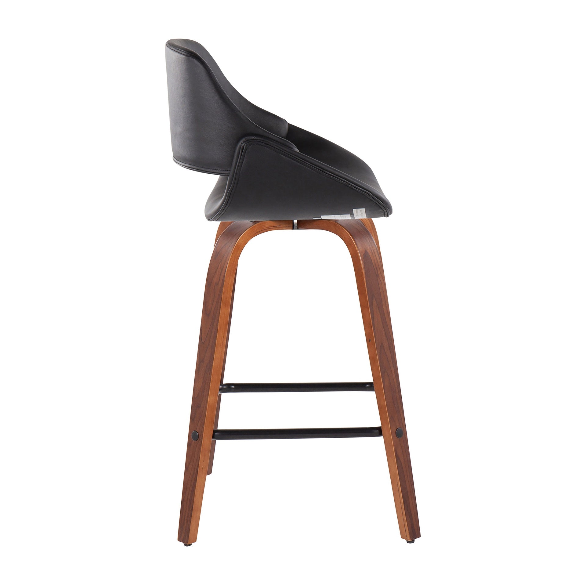 Fabrico Mid-Century Modern Fixed-Height Counter Stool in Walnut Wood with Square Black Footrest and Black Faux Leather by LumiSource - Set of 2