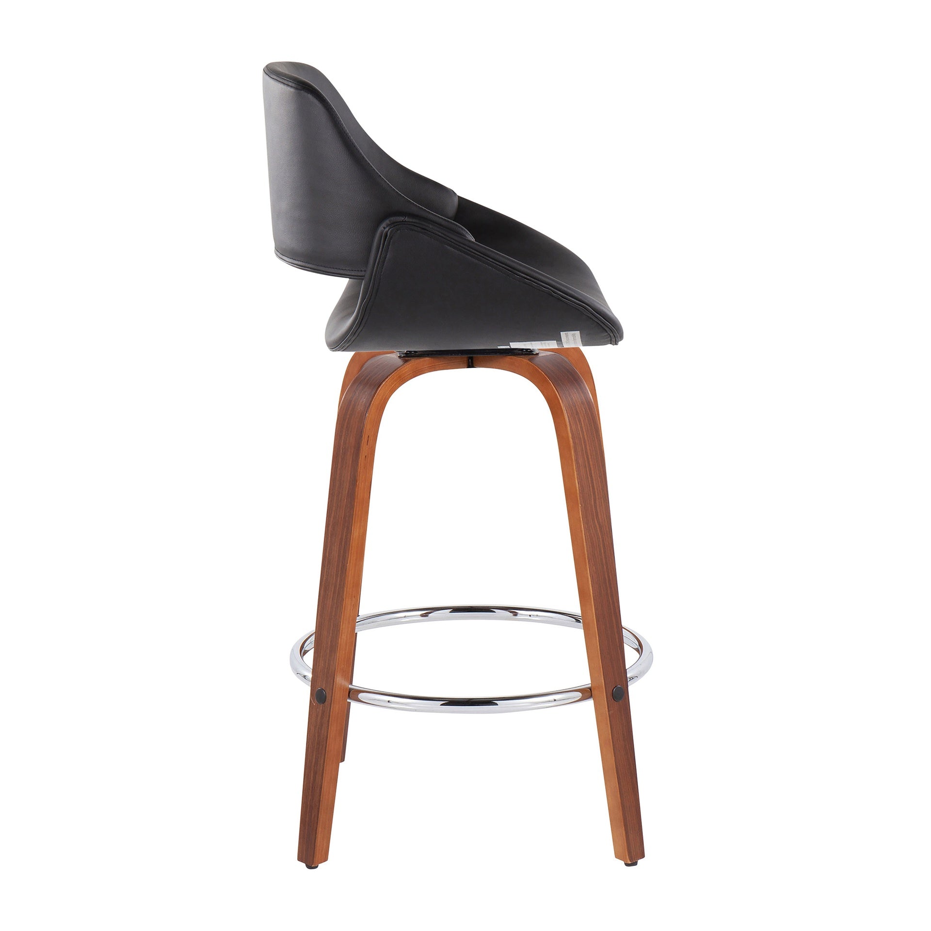 Fabrico Mid-Century Modern Fixed-Height Counter Stool in Walnut Wood with Round Chrome Footrest and Black Faux Leather by LumiSource - Set of 2