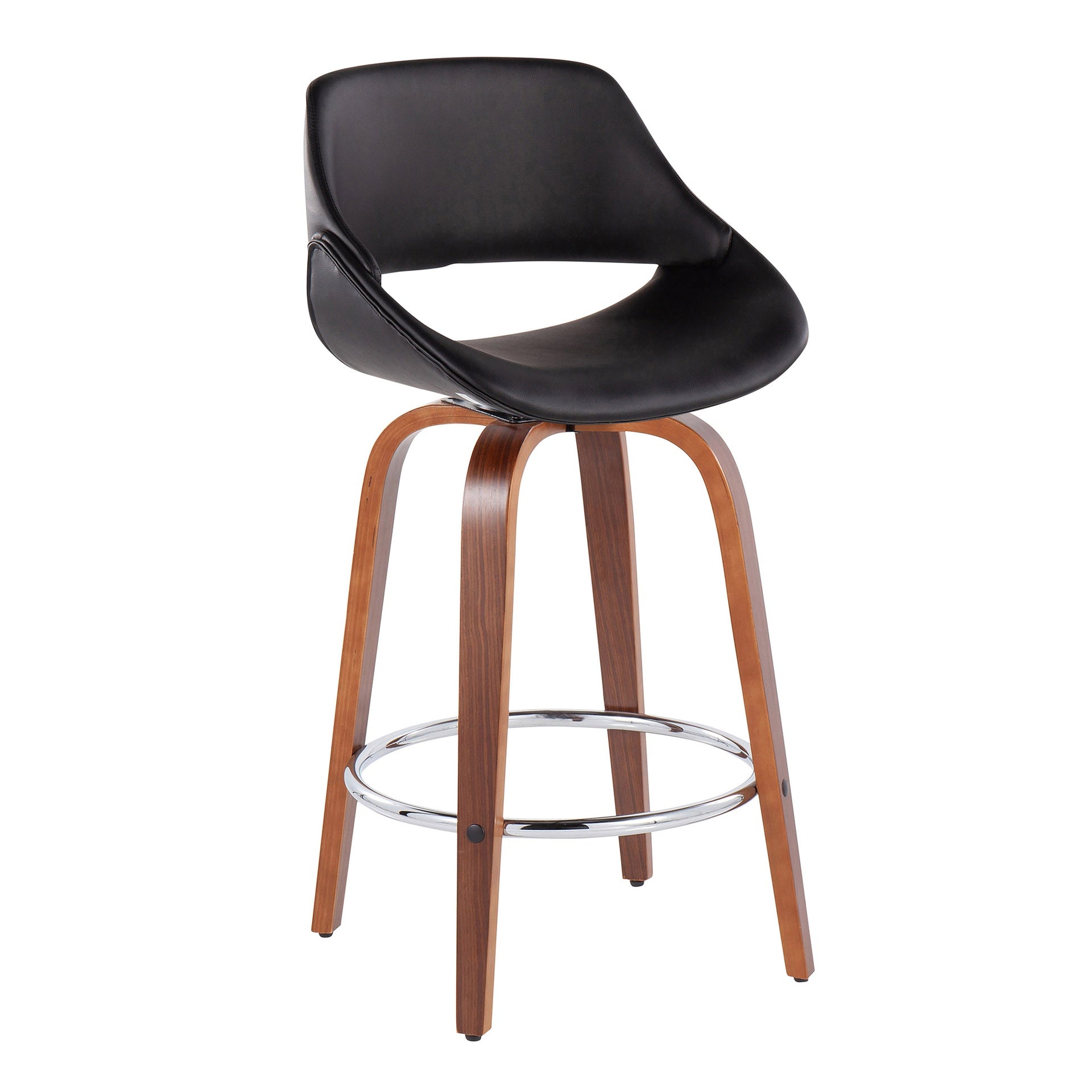 Fabrico Mid-Century Modern Fixed-Height Counter Stool in Walnut Wood with Round Chrome Footrest and Black Faux Leather by LumiSource - Set of 2