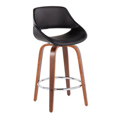 Fabrico Mid-Century Modern Fixed-Height Counter Stool in Walnut Wood with Round Chrome Footrest and Black Faux Leather by LumiSource - Set of 2