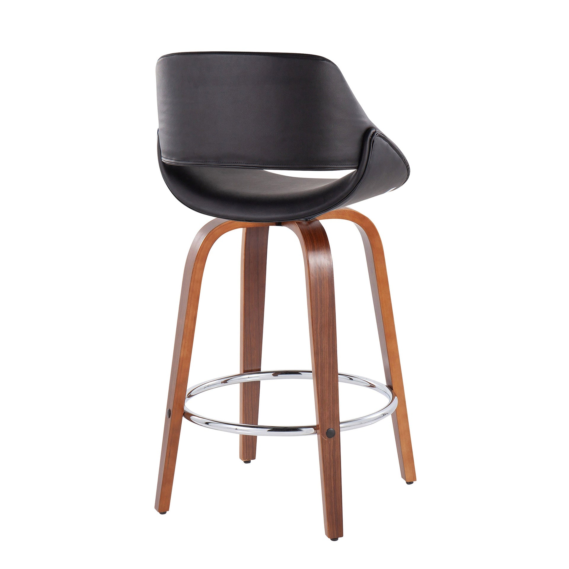 Fabrico Mid-Century Modern Fixed-Height Counter Stool in Walnut Wood with Round Chrome Footrest and Black Faux Leather by LumiSource - Set of 2