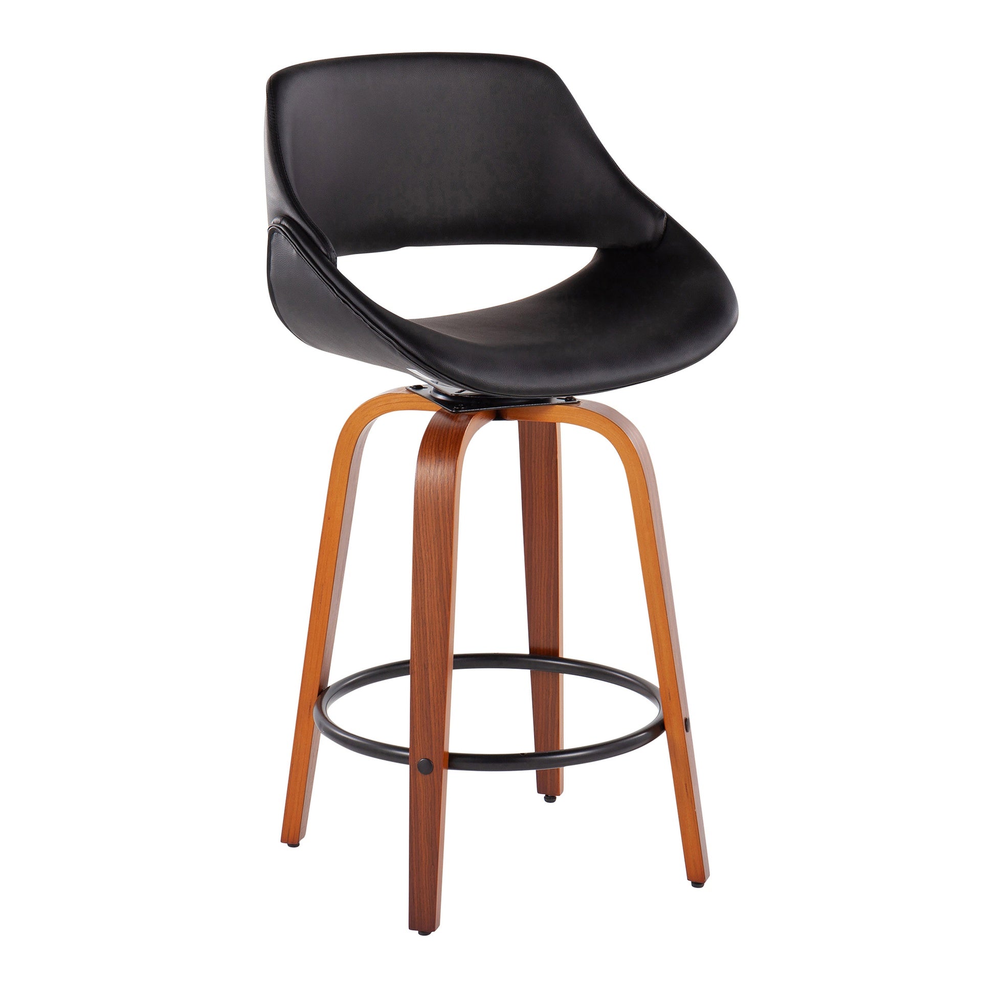 Fabrico Mid-Century Modern Fixed-Height Counter Stool in Walnut Wood with Round Black Footrest and Black Faux Leather by LumiSource - Set of 2