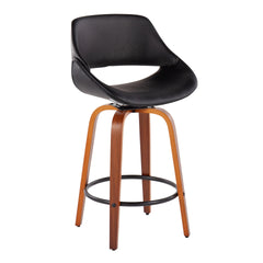 Fabrico Mid-Century Modern Fixed-Height Counter Stool in Walnut Wood with Round Black Footrest and Black Faux Leather by LumiSource - Set of 2