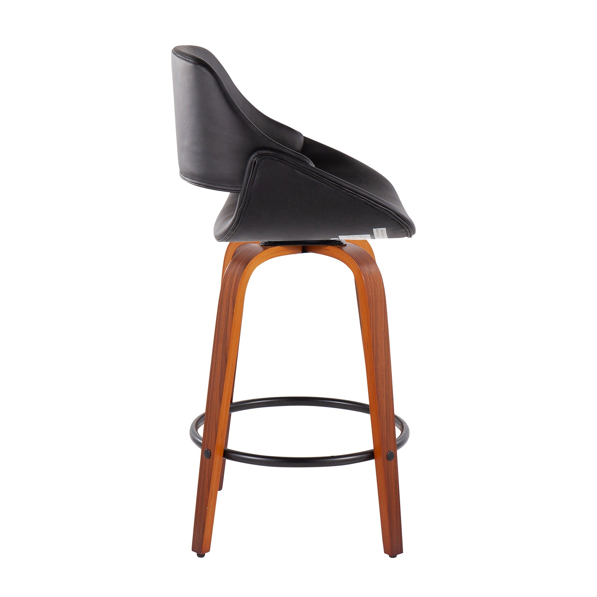 Fabrico Mid-Century Modern Fixed-Height Counter Stool in Walnut Wood with Round Black Footrest and Black Faux Leather by LumiSource - Set of 2
