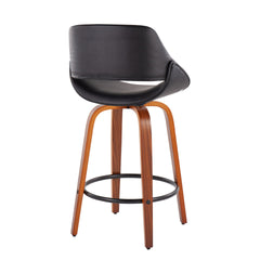 Fabrico Mid-Century Modern Fixed-Height Counter Stool in Walnut Wood with Round Black Footrest and Black Faux Leather by LumiSource - Set of 2