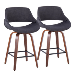Fabrico 26" Mid-Century Modern Fixed-Height Counter Stool in Walnut Wood and Charcoal Fabric with Square Black Metal Footrest by LumiSource - Set of 2