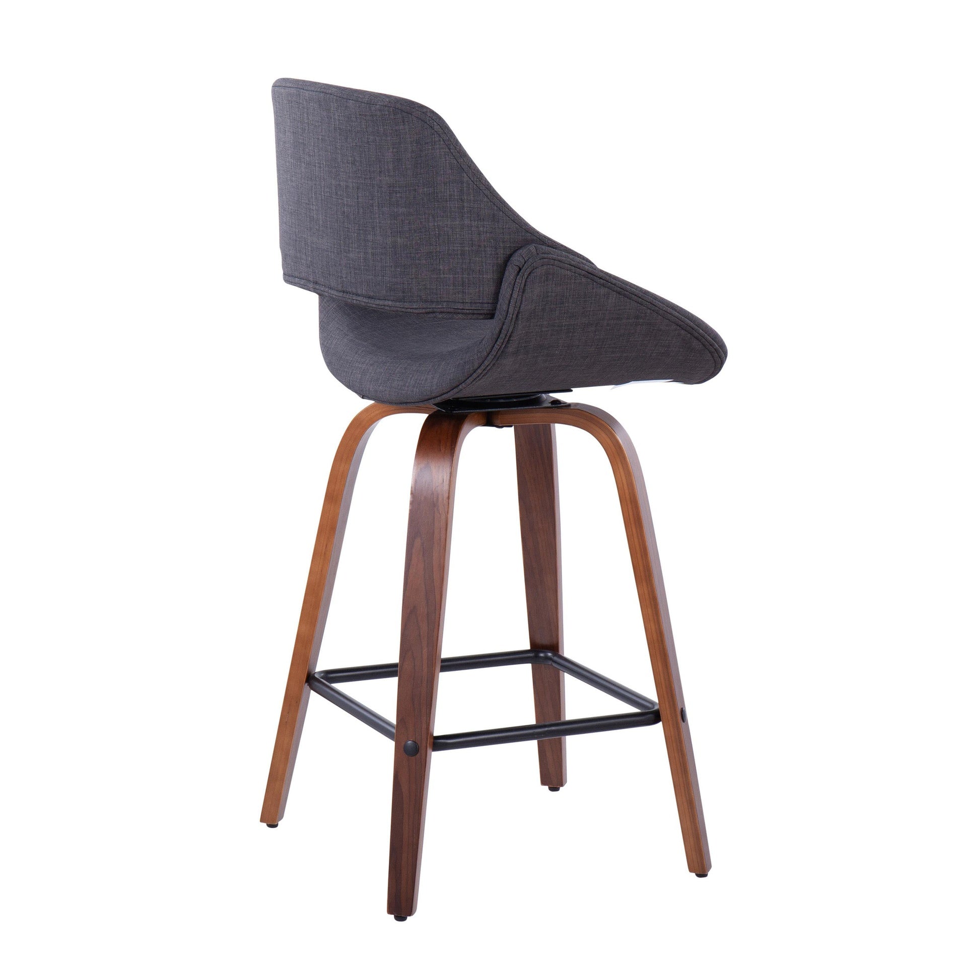 Fabrico 26" Mid-Century Modern Fixed-Height Counter Stool in Walnut Wood and Charcoal Fabric with Square Black Metal Footrest by LumiSource - Set of 2