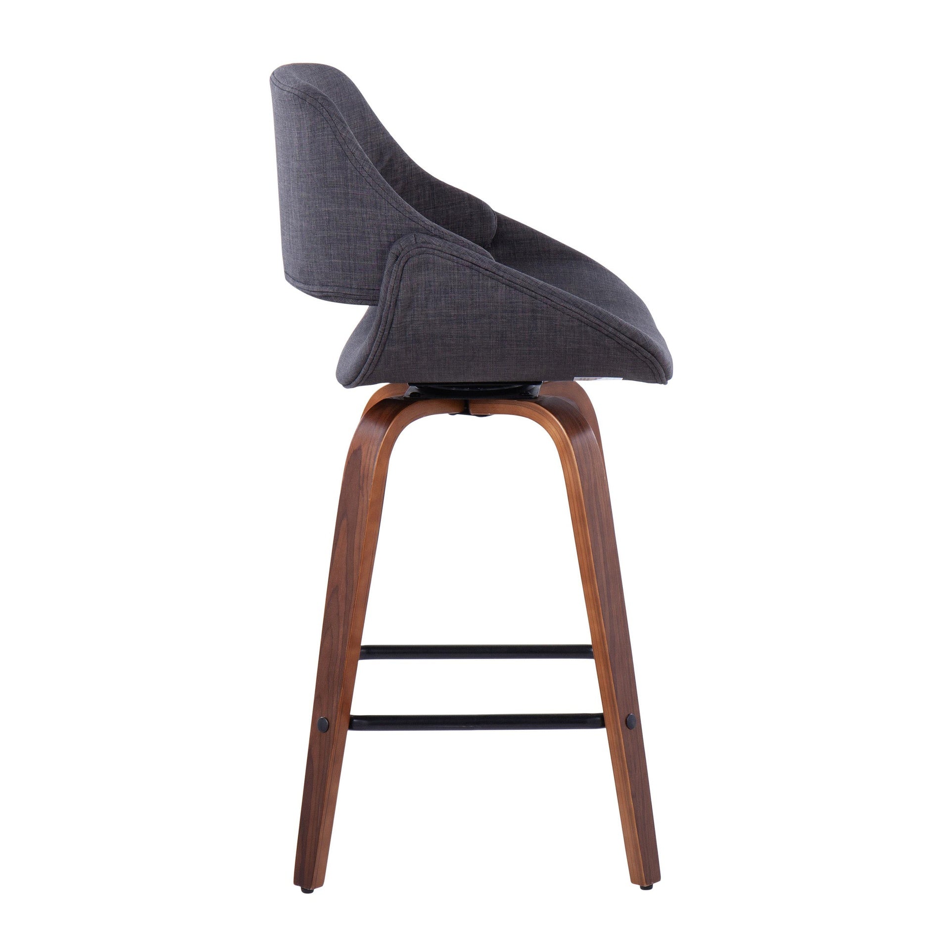 Fabrico 26" Mid-Century Modern Fixed-Height Counter Stool in Walnut Wood and Charcoal Fabric with Square Black Metal Footrest by LumiSource - Set of 2