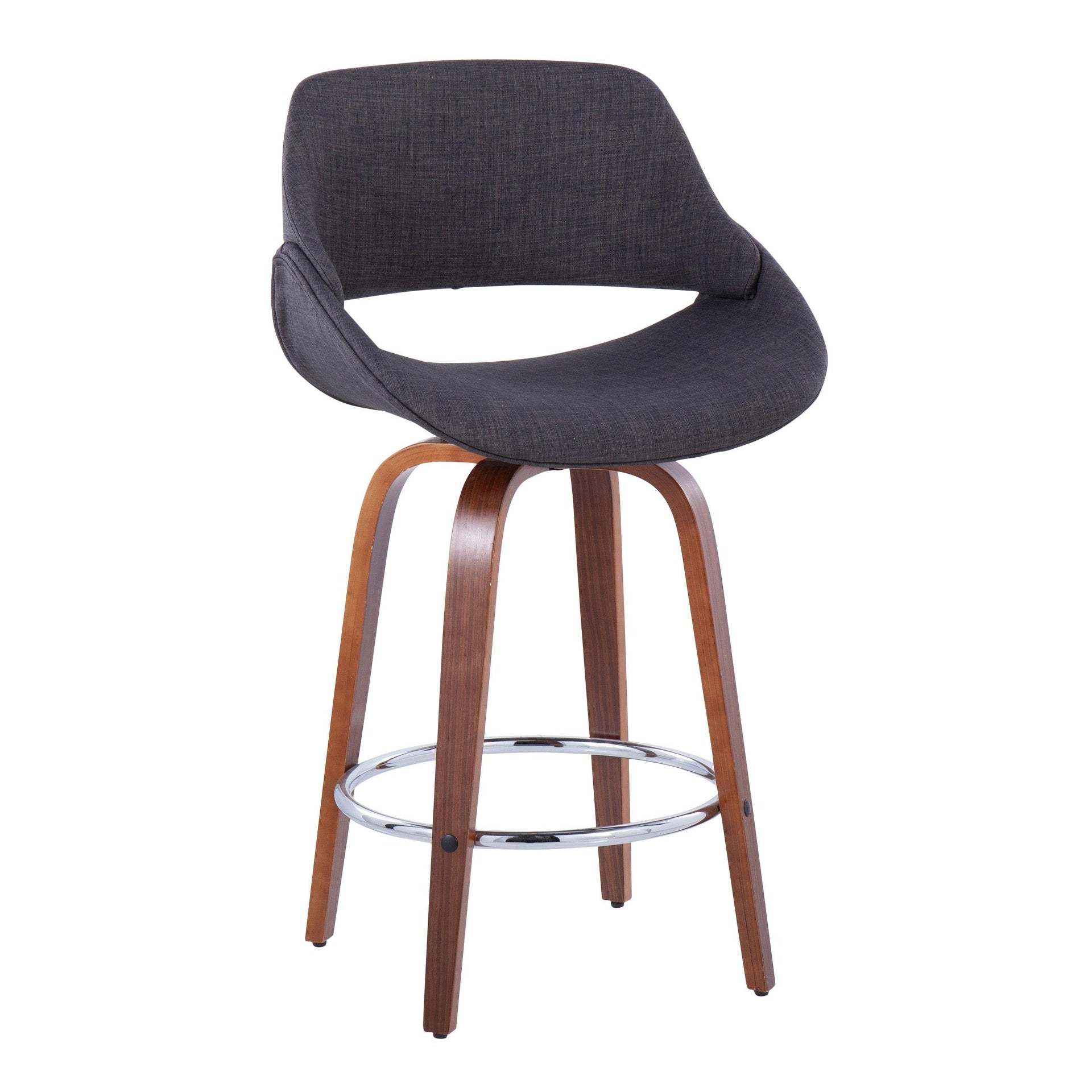 Fabrico 26" Mid-Century Modern Fixed-Height Counter Stool in Walnut Wood and Charcoal Fabric with Round Chrome Metal Footrest by LumiSource - Set of 2