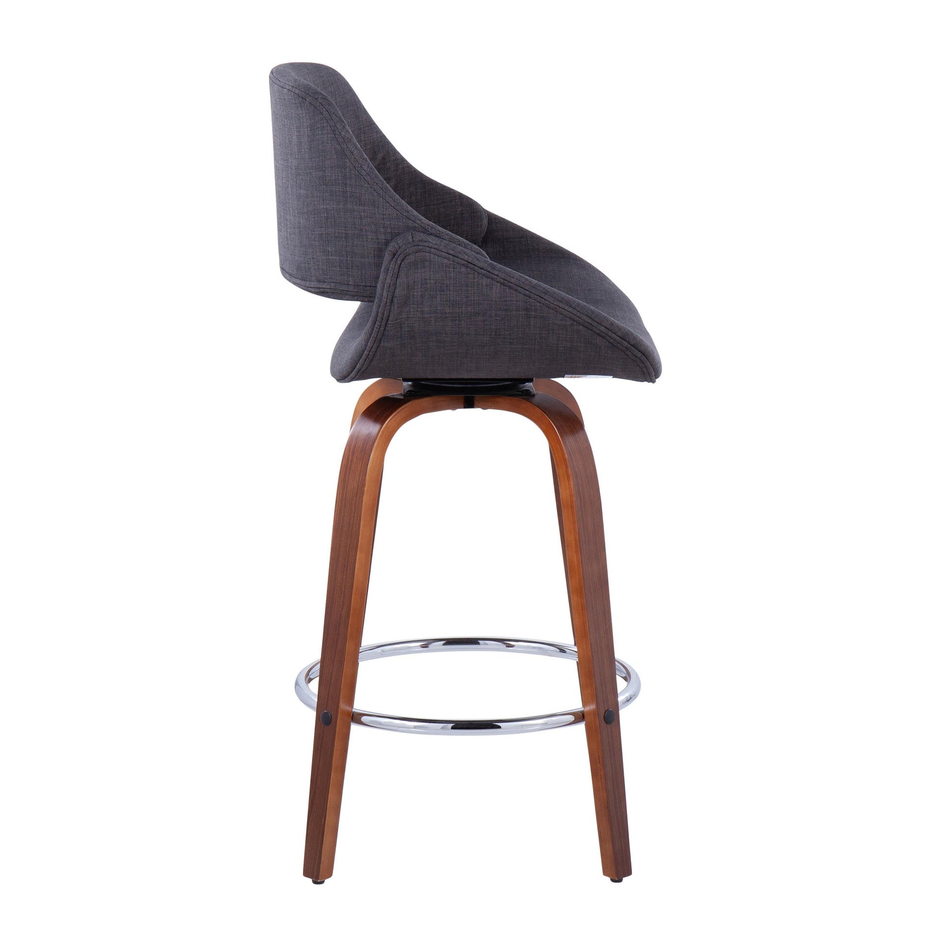 Fabrico 26" Mid-Century Modern Fixed-Height Counter Stool in Walnut Wood and Charcoal Fabric with Round Chrome Metal Footrest by LumiSource - Set of 2