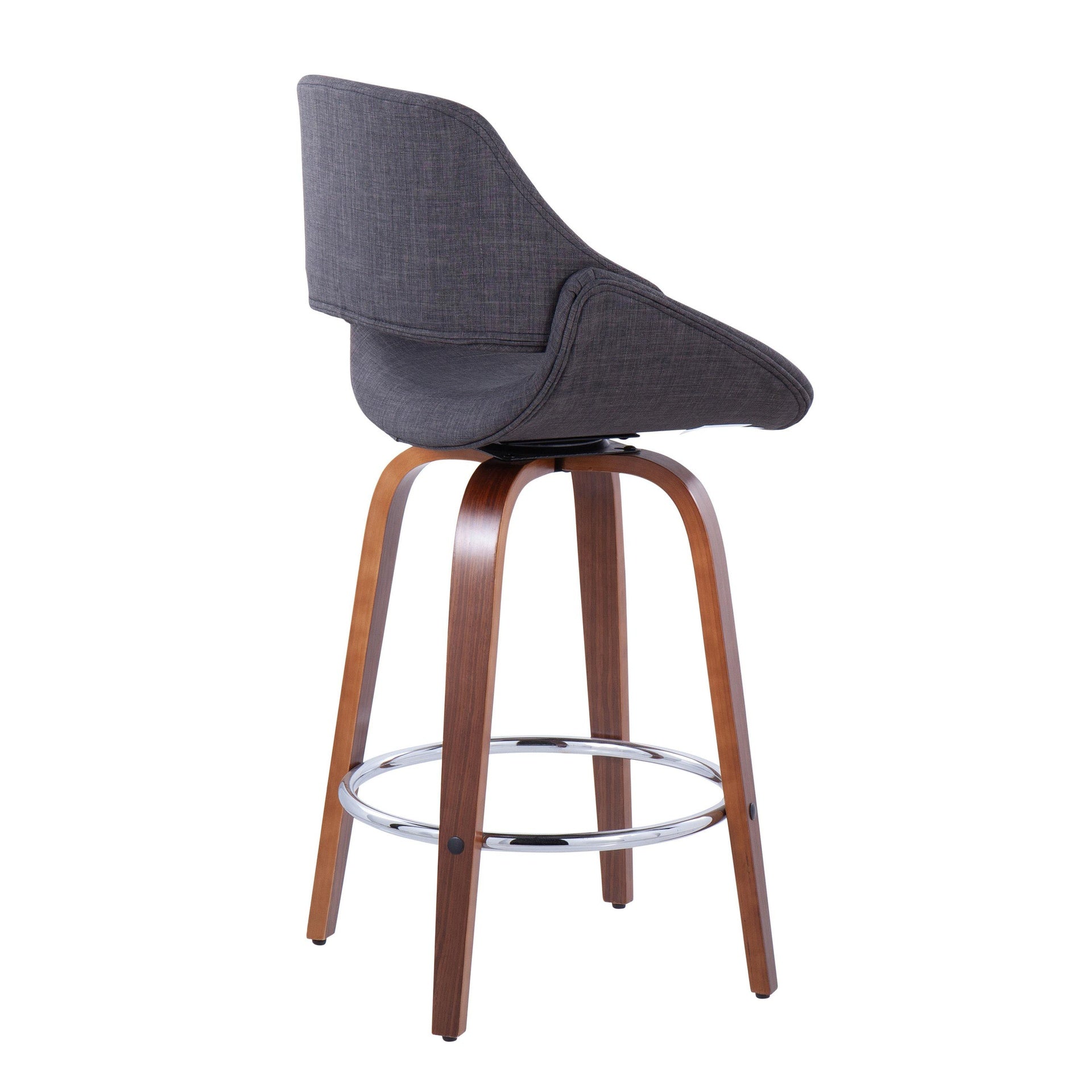 Fabrico 26" Mid-Century Modern Fixed-Height Counter Stool in Walnut Wood and Charcoal Fabric with Round Chrome Metal Footrest by LumiSource - Set of 2