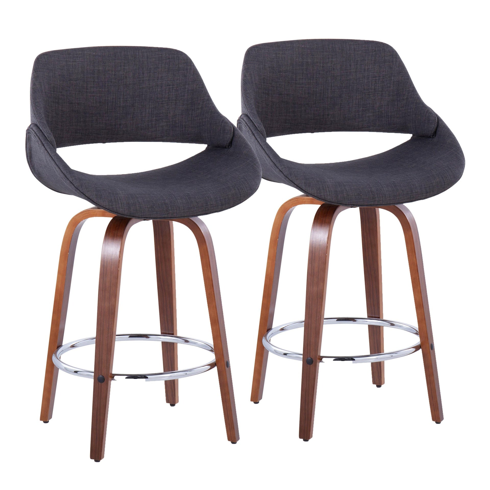 Fabrico 26" Mid-Century Modern Fixed-Height Counter Stool in Walnut Wood and Charcoal Fabric with Round Chrome Metal Footrest by LumiSource - Set of 2